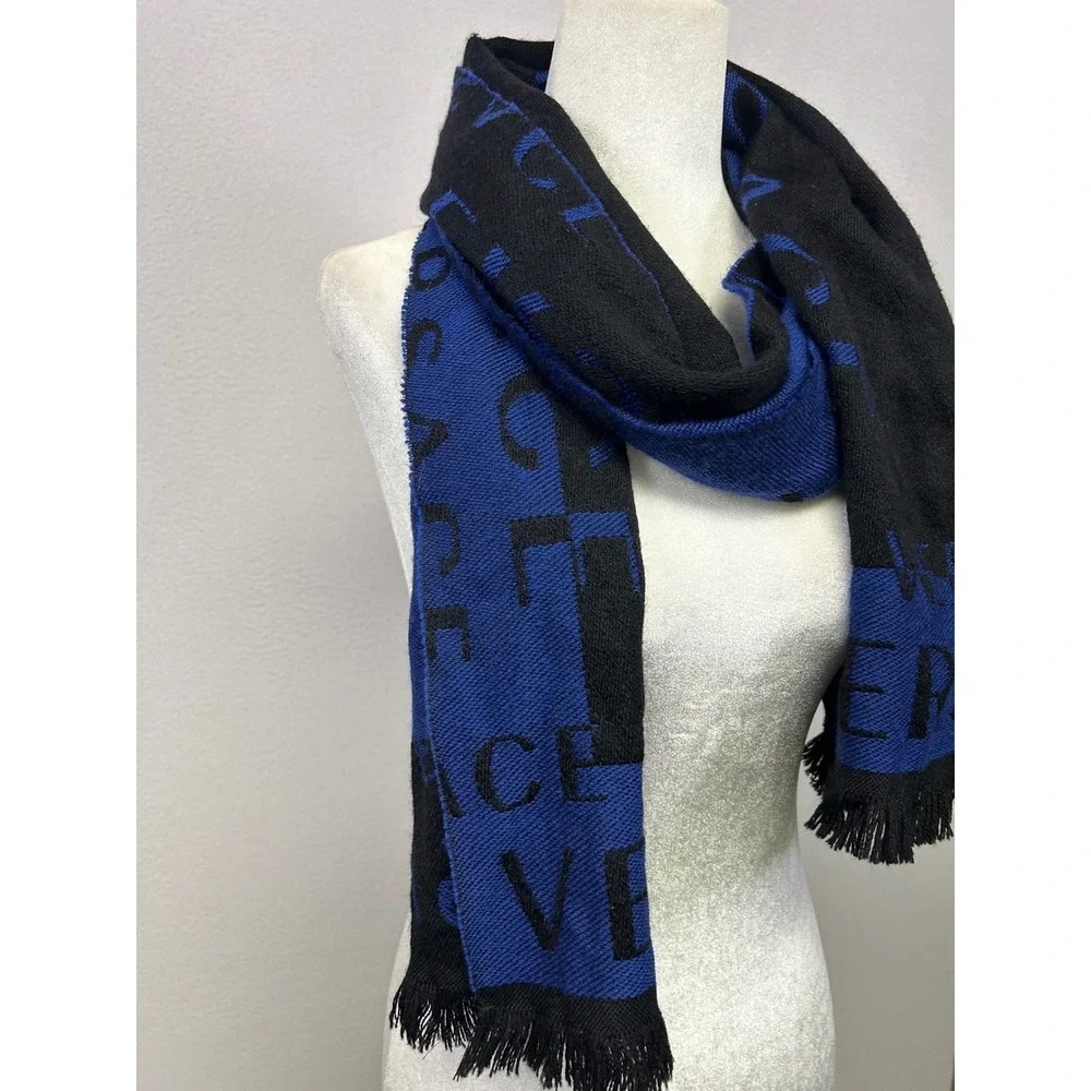 Designer Gianni Versace Unisex OS Blue Black Wool Logo Jacquard Fringed Scarf